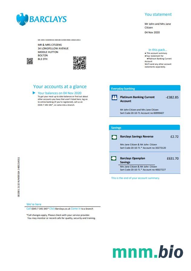 Szablon wyciągu z rachunku bankowego w Wielkiej Brytanii Barclays w formacie Word i PDF, Wersja 1